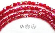 Czech Fire Polished Round Faceted Glass Beads in Light Siam AB coated light red