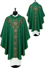 Green chasuble Semi Gothic style Vestment, woven orphrey, cowlneck