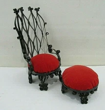 Vintage Metal Chair w/ Footstool Sewing Pin Cushion/Tramp Art Furniture (Pg12E)