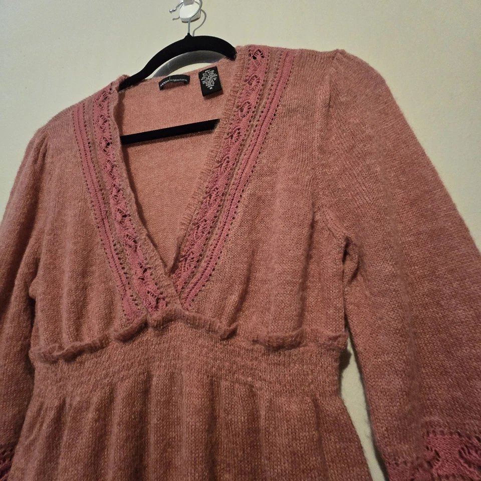 Suéter Babydoll Vintage Años 90 Y2K Moda Internacional Mujer MED Rosa Encaje Borde Lana Mohair Foto 2 de 4