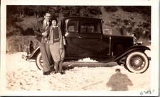 Vintage Snapshot Photo 1932 Chevrolet Coupe Couple Snow Winter Automobile 2x4