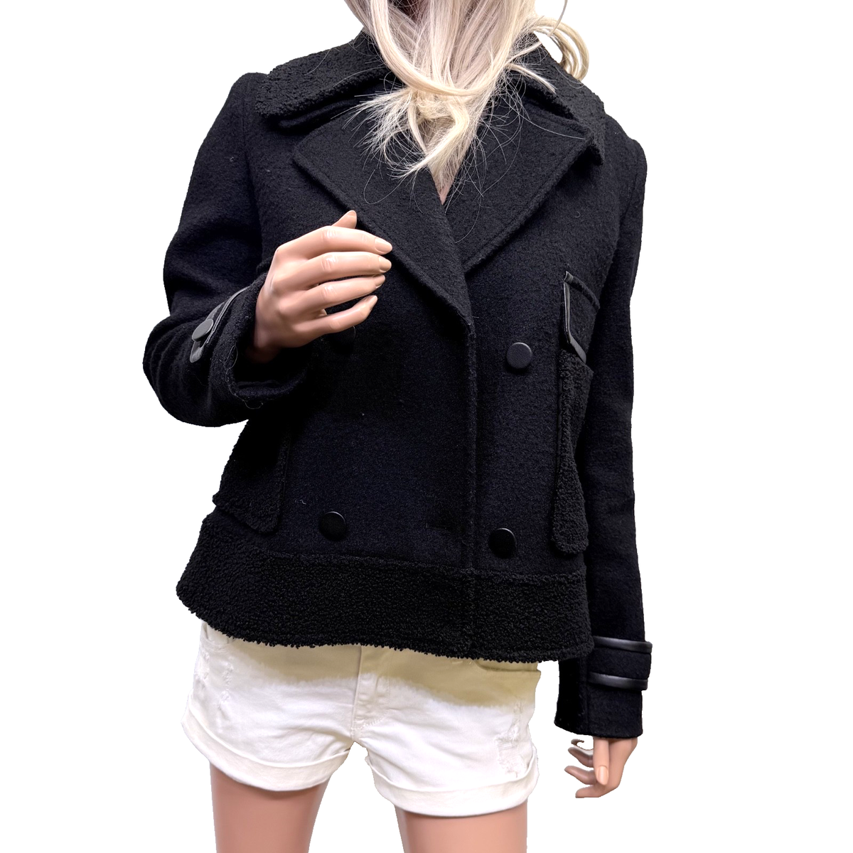 Emporio Armani Double-Breasted Bouclé Jacket Faux Leather Trim Pea