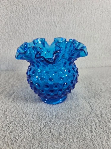 Vintage Fenton Cobalt Blue Colonial Hobnail Ruffled Crimped Vase Candle Holder