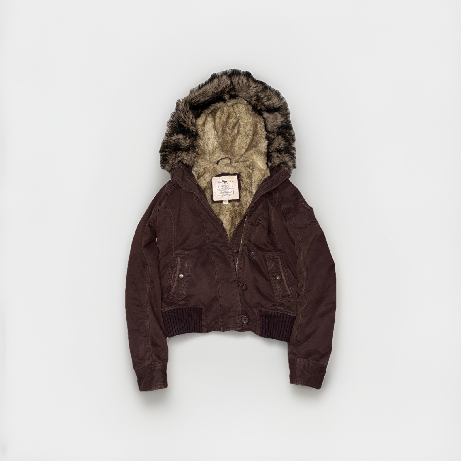 Vintage Y2K Abercrombie & Fitch Faux Fur Hooded Bomber Jacket Women’s Size Small