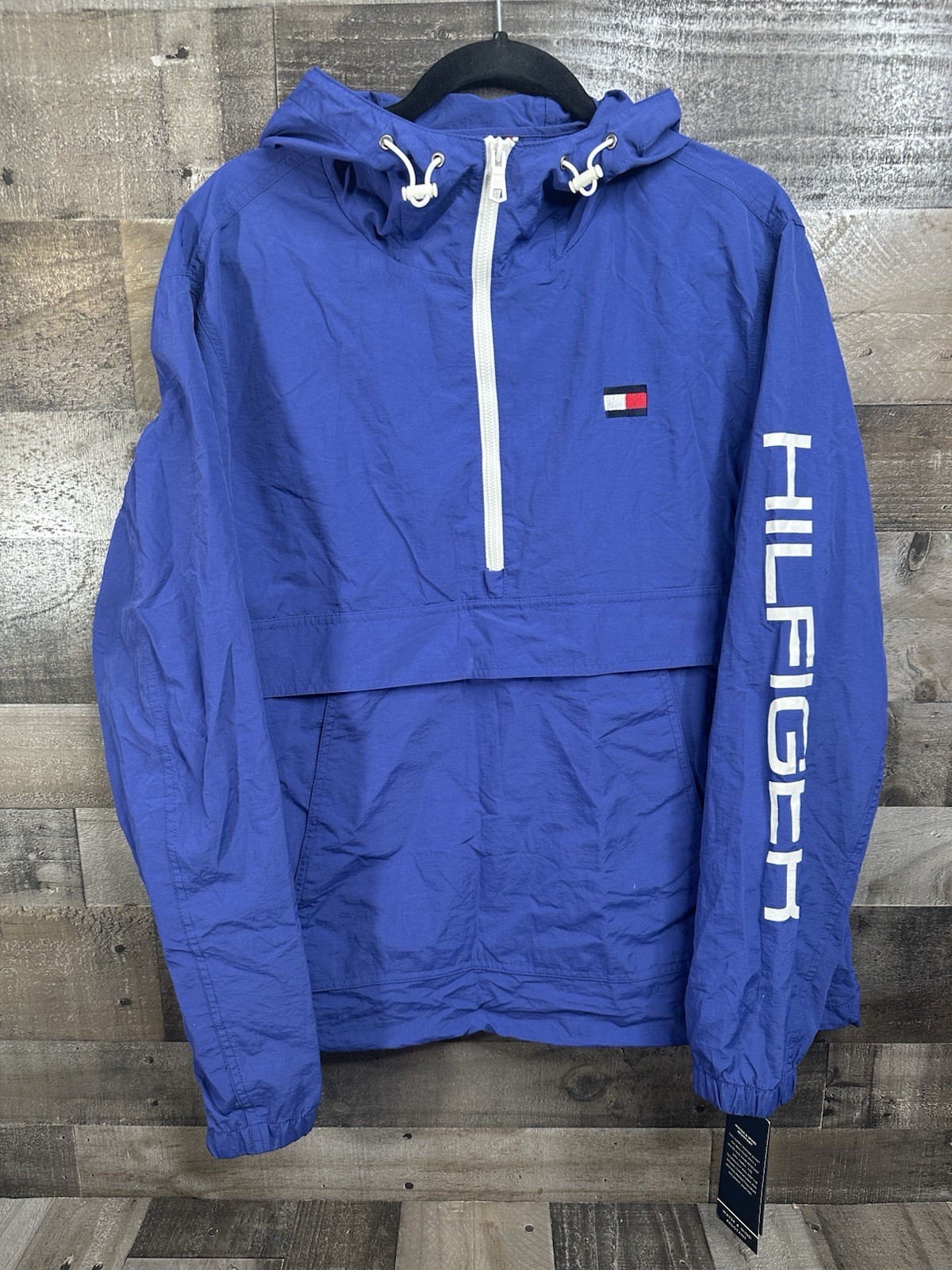 Tommy Hilfiger Blue Retro Lightweight Jacket Hooded Windbreaker Men’s Sz Large