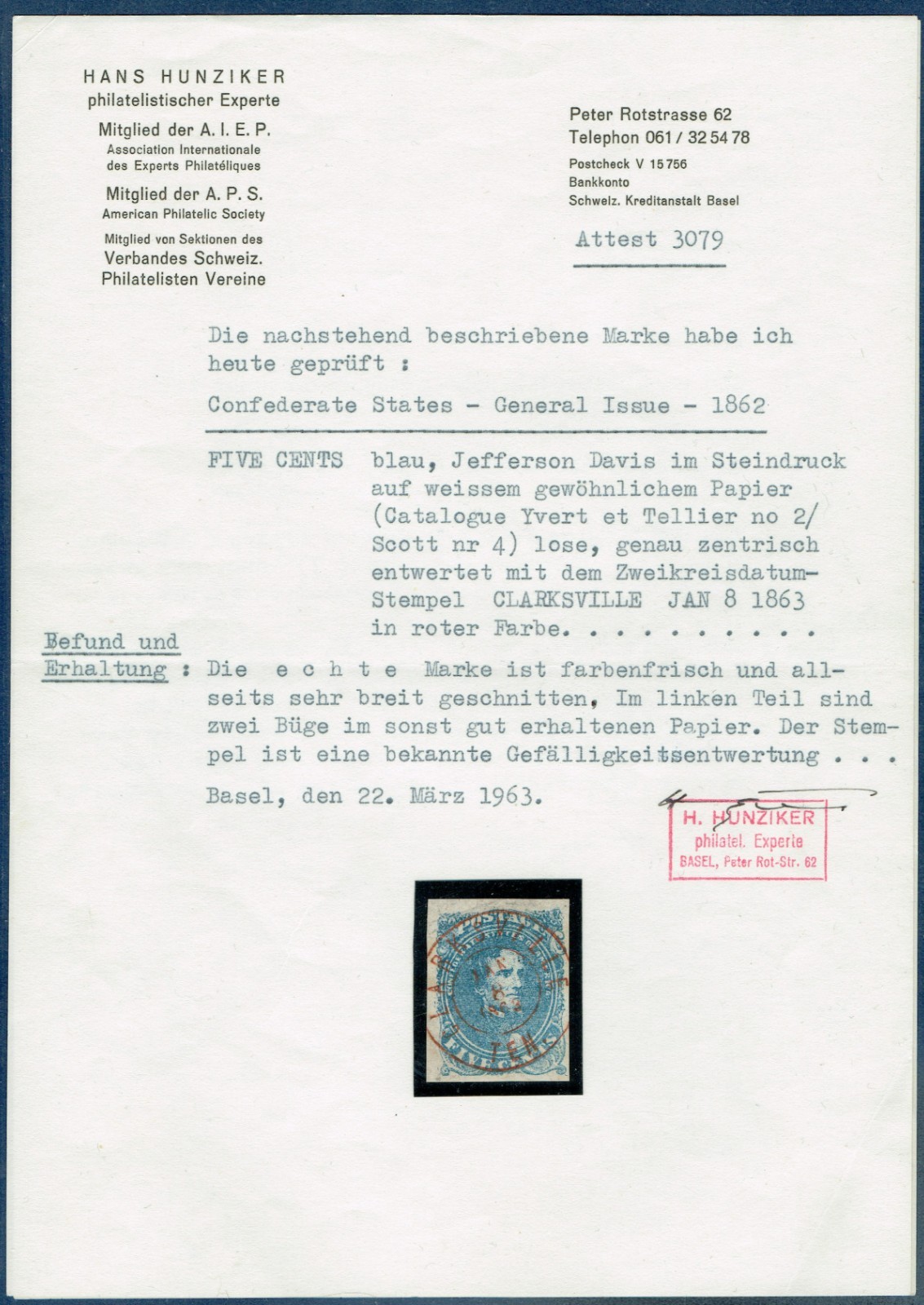 [VP01] Confederate States Scott#CSA4 5¢ Blue w/Superb red cancel "CLARKSVILLE"