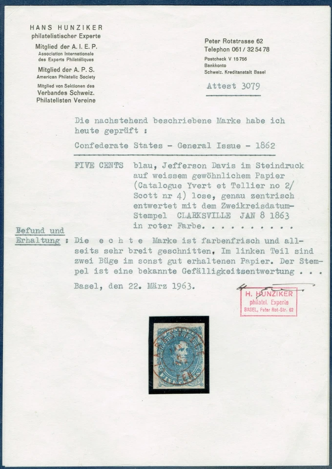 [VP01] Confederate States Scott#CSA4 5¢ Blue w/Superb red cancel "CLARKSVILLE" - Image 3 of 3