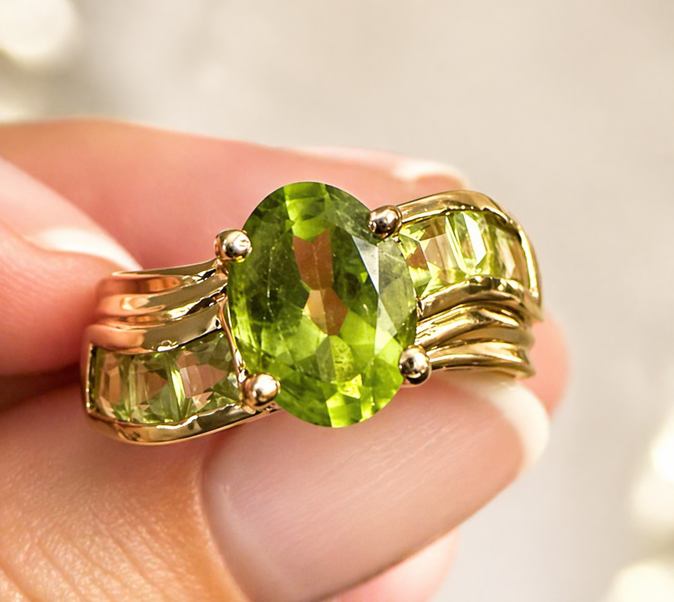 14K Yellow Gold Genuine Peridot Ring Size 7 2.54g Estate