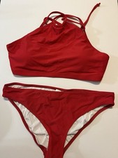 Women's 2PC High Cut Cheeky Bikini Set Padded Red NWOT Large