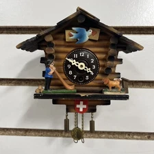 Vintage Mini Cuckoo Clock 5" German Swiss Wooden Alpine Chalet Bird Cow ~ No Key