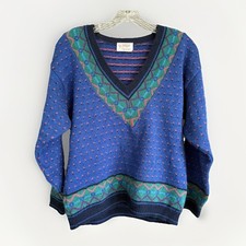 VTG Late 80s Beldoch Popper Women  s V-Neck Sweater Blue Green Geometric Size M