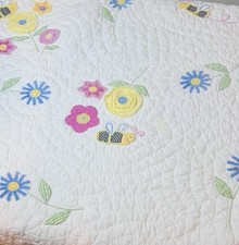 Pottery Barn Baby Crib Quilt Flowers  Bees on White w/ Green Check Trim