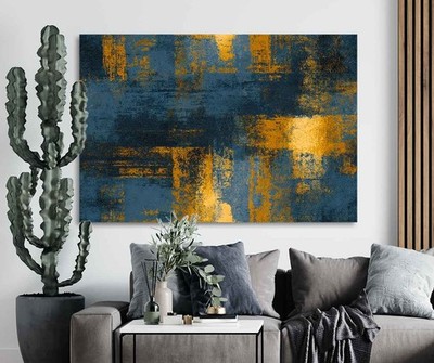 Geometrisches abstraktes Wanddekor Gold & Indigo geschichtet verwitterte Textur Leinwandbild