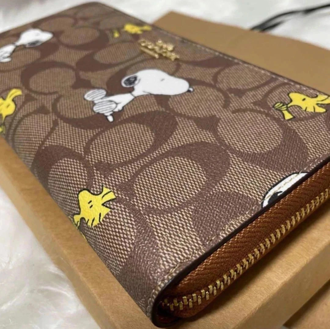 COACH x PEANUTS Long Zip around Wallet Snoopy Woodstock Khaki