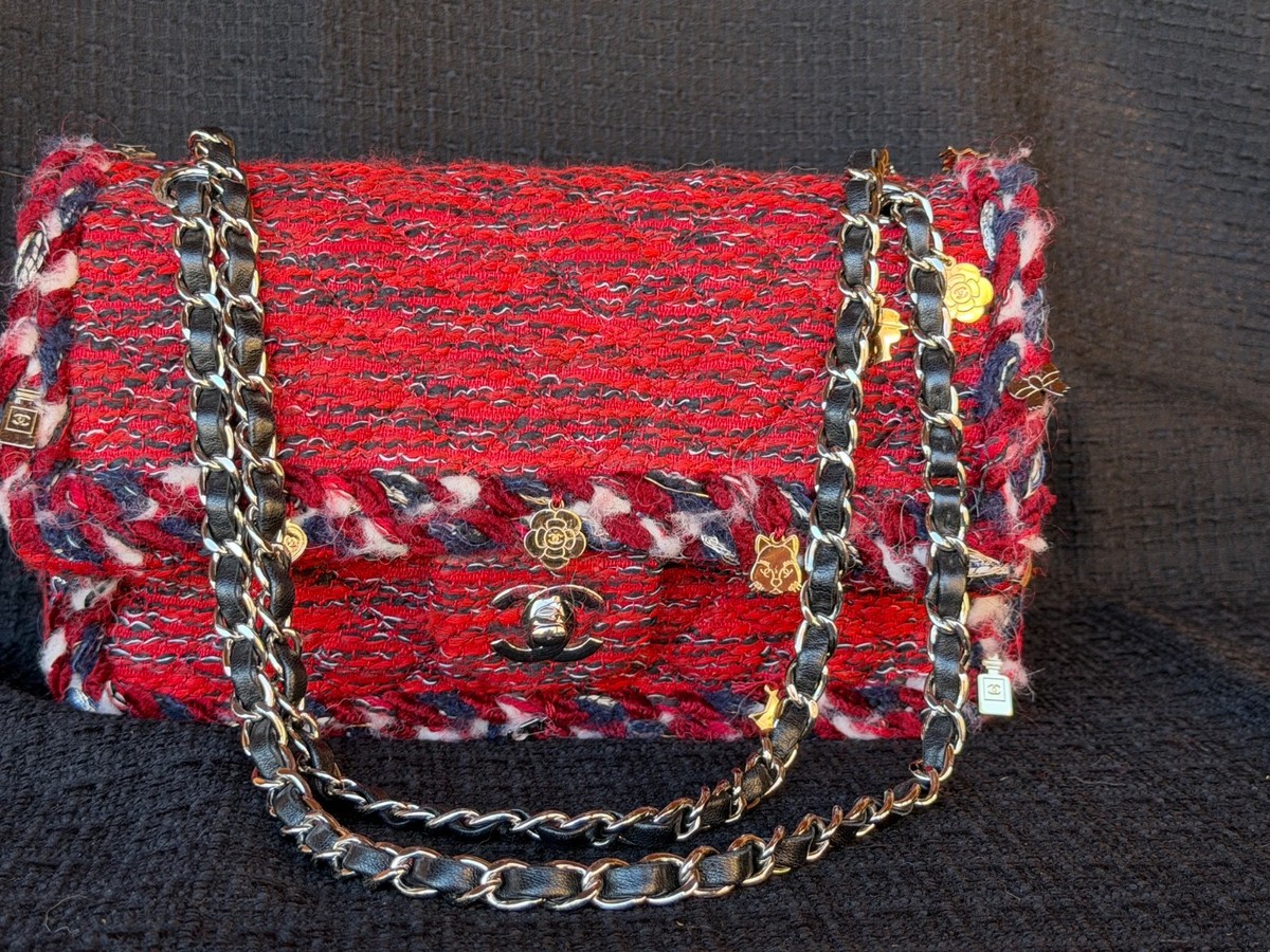 Chanel チェック柄バッグ レッド Chanel Red Medium Tweed Charms Double Flap Bag w/shoulder strap | eBay