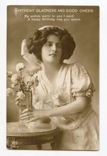c 1910 Glamour PRETTY LADY British Birthday Greetings Fashion photo postcard