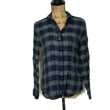 Loft Womens sz S Blouse Gray Blue Plaid Button Front Long Sleeve