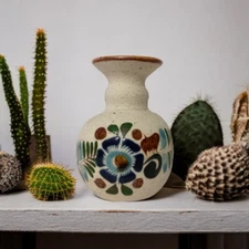 Tonala Pottery Floral Bud Vase Mini Mexico Sandstone Handpainted Talavera Signed