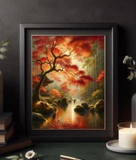 Japanese Autumn Maple red tree Watercolor garden Vintage wall art painting print
