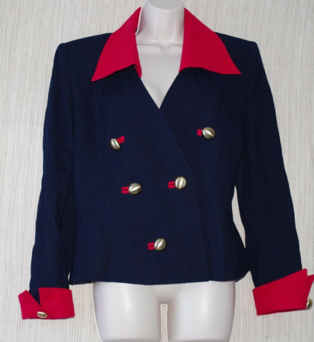 Sara Roberts Wool Navy Red Double breasted Gord Button Jacket Size
