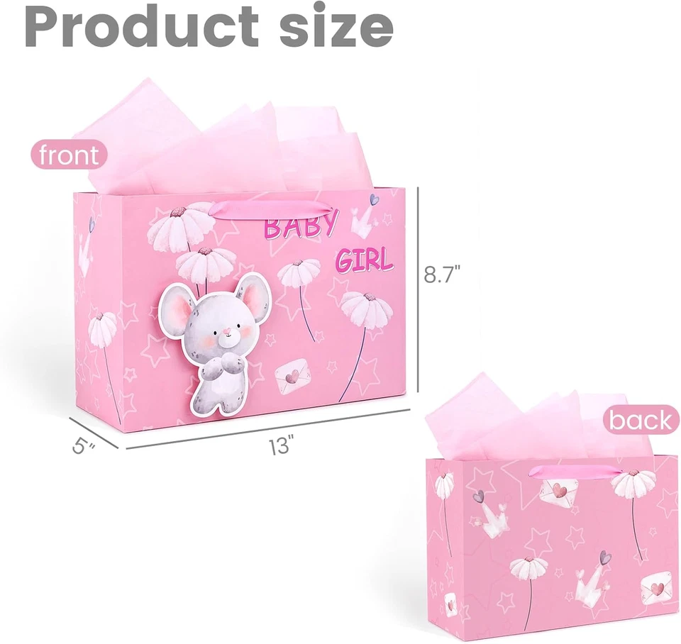 Bolsa de Regalo Bebé Niña, Bolsas de Regalo Rosa 13" con Cinta de Papel Pañuelo y Coche de Saludo Foto 2 de 4