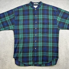 Goouch Shirt Mens Extra Large Blue Green Plaid Button Up Mock Neck Short Sleeve