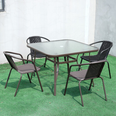 Garden Square Dining Glass Table Rattan Wicker Chairs Set Parasol Hole  Outdoor