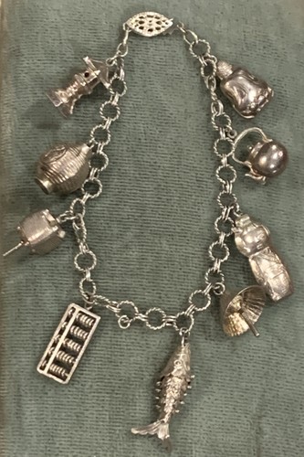VINTAGE STERLINGSILBER 925 ARMBAND MIT CHINESISCH 9 CHARMS SELTEN Gelenkfisch