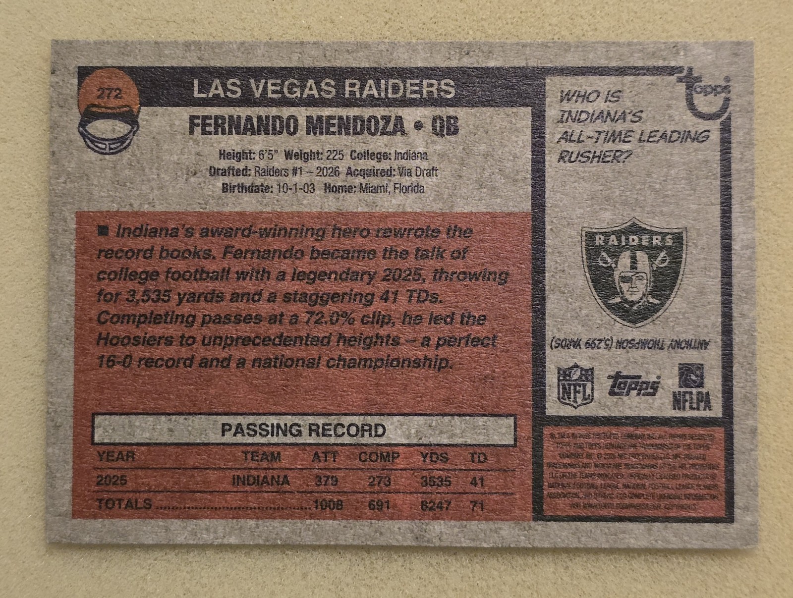 Topps Logog 2026 Topps Heritage Football FERNANDO MENDOZA Rookie RC #272 Las Vegas ...