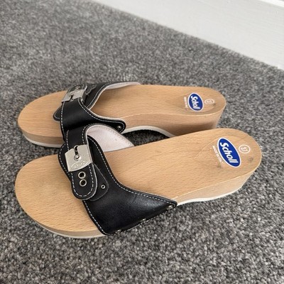 Vintage Dr. Scholls Holz Training Sandalen Schwarz Leder Größe EUR 37 UK 4