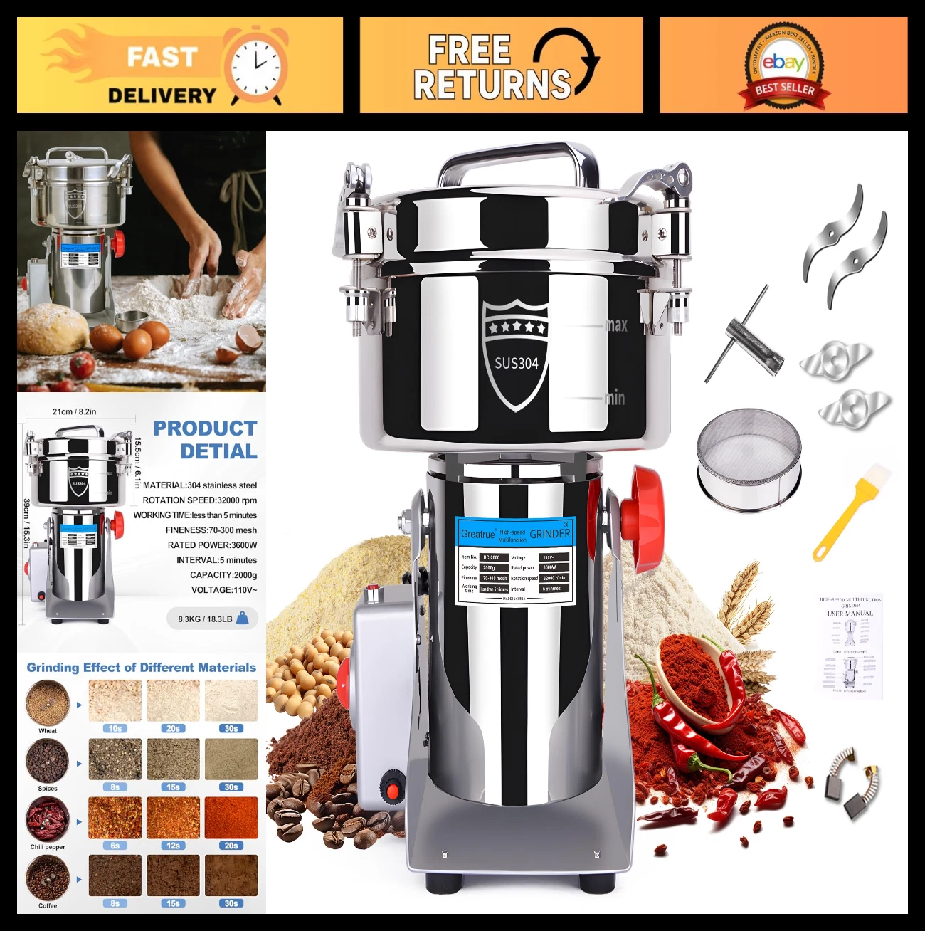High-Speed Electric Grain Mill 2000g, 304 Stainless Steel Flour & Spice Grinder