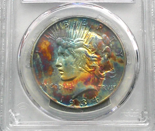 1934 S $1   PEACE SILVER DOLLAR PCGS AU DETAILS-COLORFUL TONING-KEY DATE-!!!!!!!