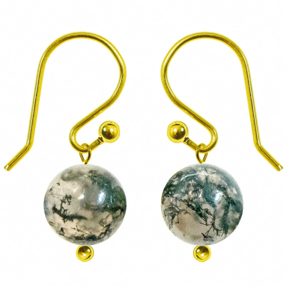Boucles d'oreilles pendantes dorées perle agate mousse - Photo 1/1