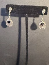 VTG 925 Boma Dangling Black Onyx Heart Earrings 3.99g Lot X
