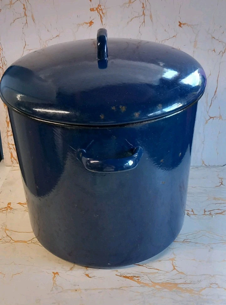 Vintage Very Large Cobalt Blue Enamel Stock Pot With 2 Side Handles &Lid 35litre