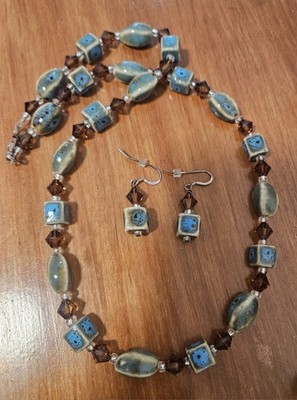 Handcrafted Glass Ceramic Glazed Bead Necklace & Earrings Set Blue Brown 