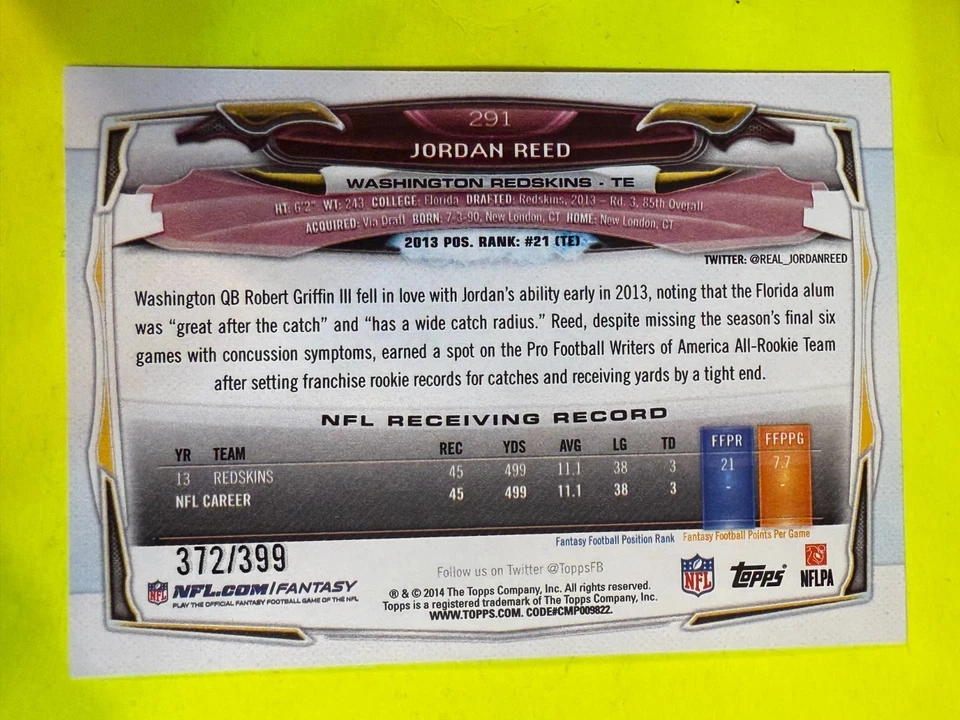 69551  2014 Topps Camo #291 Jordan Reed REDSKINS 372/399 - Image 2 of 3