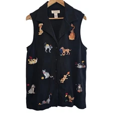 Vintage Bechamel Cat Dog Top Women Large Black Embroidered Sleeveless Pets Retro