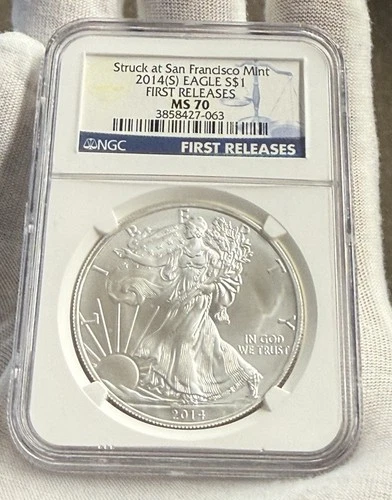 2014 (S) $1 AMERICAN SILVER EAGLE NGC MS70 ER STRUCK AT SAN FRANCISCO MINT LABEL