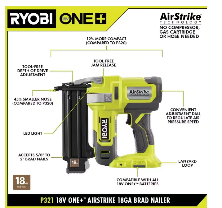 RYOBI ONE+ 18V 18-Gauge Cordless AirStrike Brad Nailer (Tool Only) NEW - Image 3 of 4