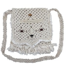 Vintage Ivory Macram Handbag W/ Beaded Flap Fringe Detail