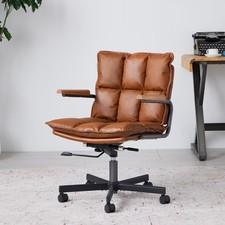 Home Office Desk Chair, Leather Ergonomic Computer Chair with Wheels and Oak ...