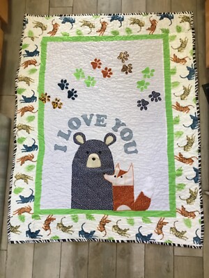 Handmade QUILTED Bear Minky Fox Applique Fleece I LOVE YOU  Crib Blanket 56x43