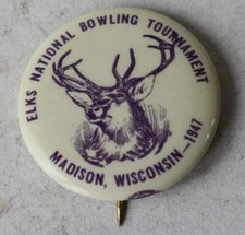 Elks National Bowling Tournament Madison Wisconsin 1947 Celluloid Pin Purple ---