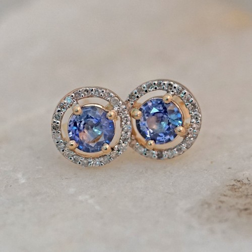 Pendientes de tachuelas de zafiro de piedras preciosas de oro amarillo liso de 14 K pavimentados diamantes joyería fina - Imagen 4 de 7