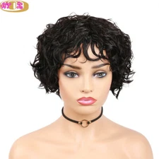  Short Bob Black Wavy Human Hair Wigs Hair Wave With Bangs 