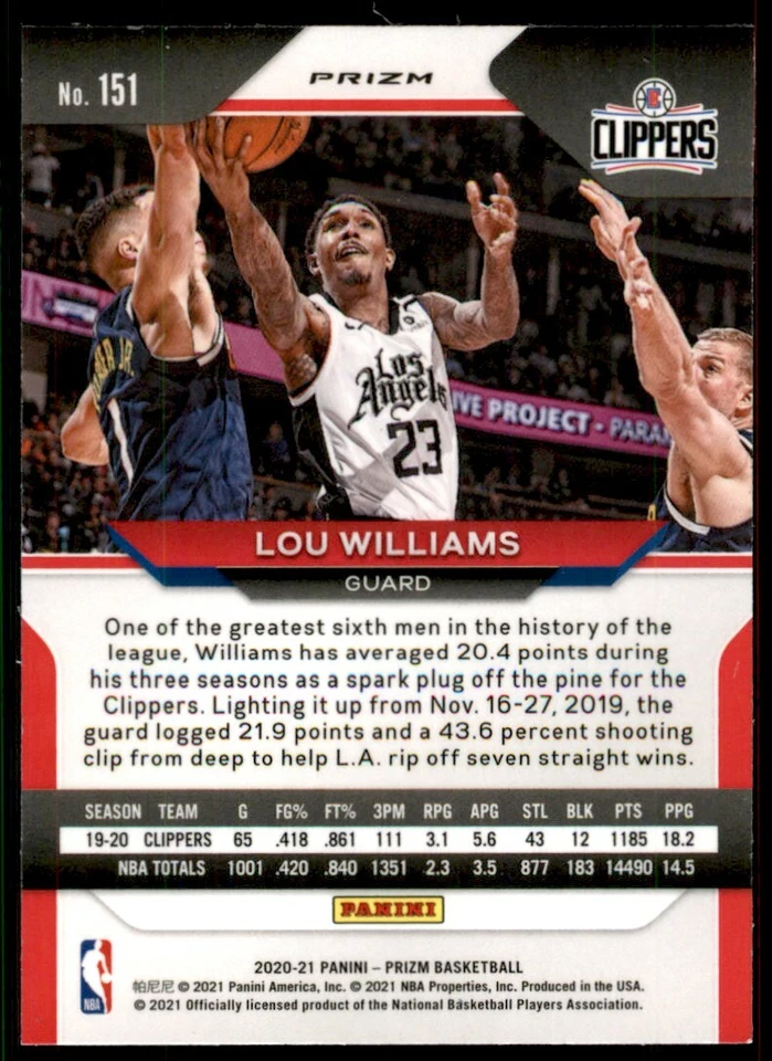 2020-21 Panini Prizm Blue Wave Lou Williams Los Angeles Clippers #151 Parallel - Image 2 of 2