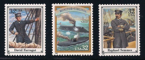 CIVIL WAR NAVAL HEROES - FARRAGUT & SEMMES + MONITOR & MERRIMACK - 3 U.S. STAMPS