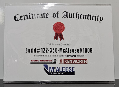 New 1:50 Kenworth K100G McAleese Certificate & Plaque #122 