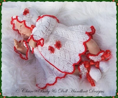 CLAIRE'S BABY & DOLL HANDKNIT DESIGNS KNITTING PATTERN CHRISTMAS FRILLED MATINEE SET XM21 16-22" DOLL/0-3M+ BABY